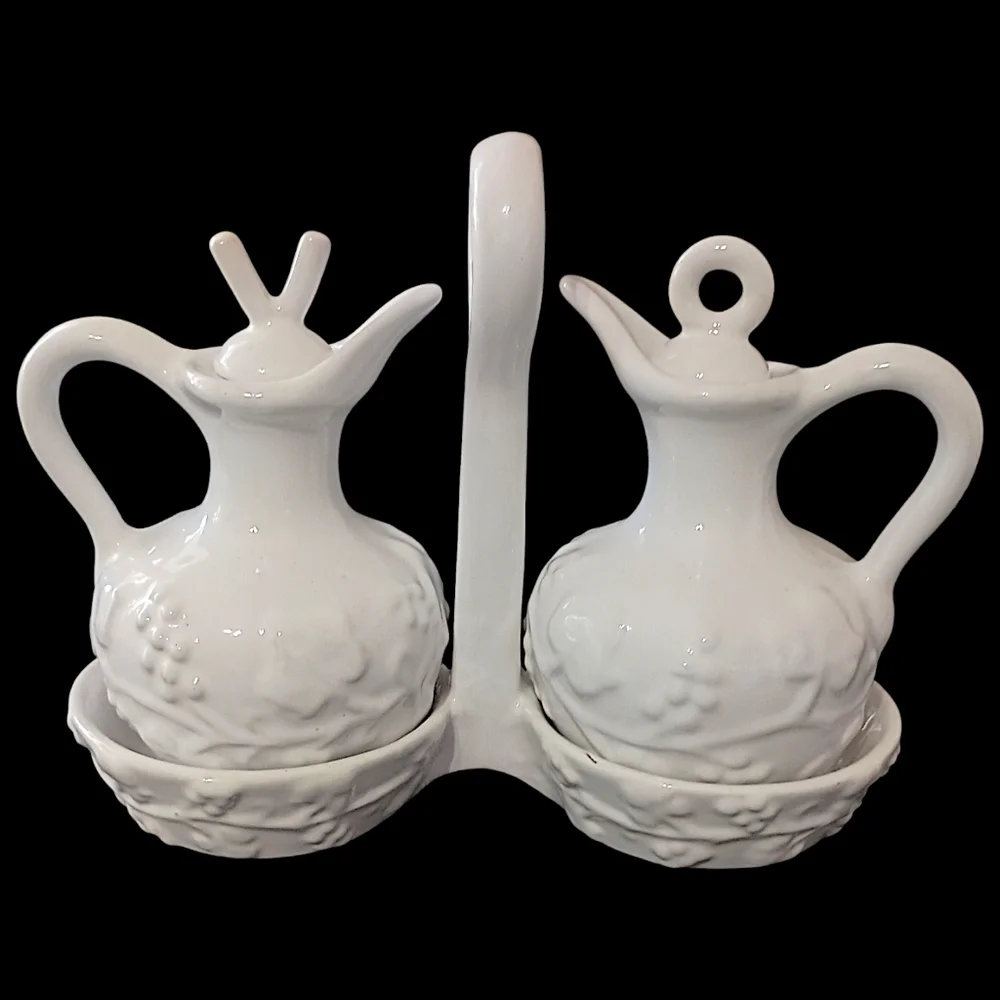 PV Italy Pottery Cruet Set White Oil Vinegar‎ Carrier Embossed Peasant Village